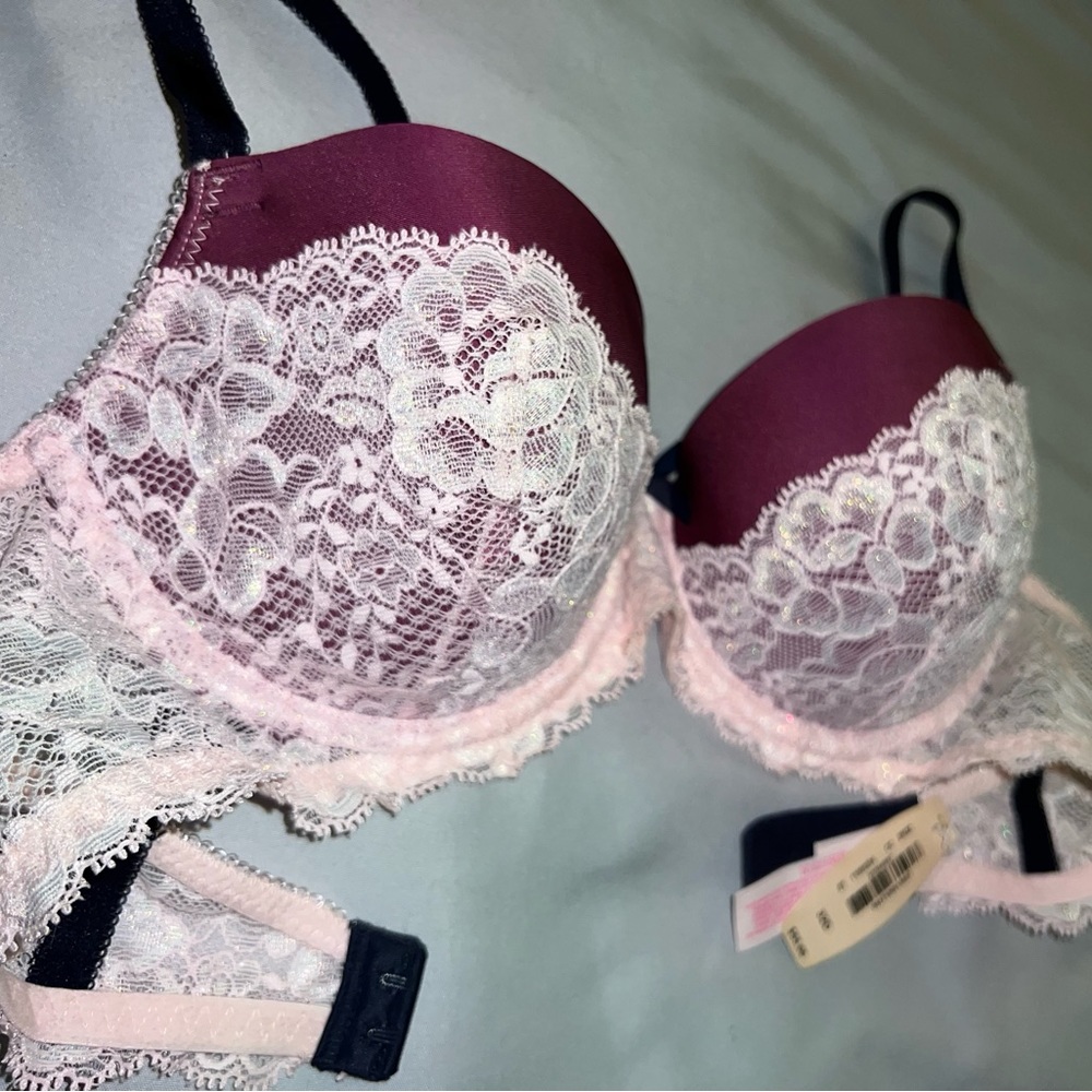 Victoria's Secret Pink and Burgundy Lace Bra with Shimmer Detail, Size 32D, NWT